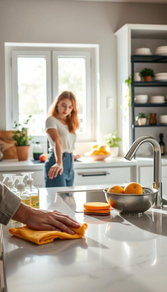 A serene kitchen scene capturing a daily cleaning routine. In the foreground, a person in modest casual clothing, gently wiping down a gleaming countertop with a cloth, surrounded by organized cleaning supplies like natural cleaners and sponges. In the middle, a well-lit kitchen featuring a bright window showcasing gentle sunlight streaming in, highlighting the fresh fruits and neatly arranged utensils. The background reveals a tidy shelving unit filled with dishes and plants, promoting an inviting atmosphere. The mood is peaceful and harmonious, invoking a sense of calm and productivity. The lighting is soft and warm, creating an inviting ambiance that encourages daily cleaning habits. This composition should reflect a tranquil flow in an everyday kitchen setting, captured with a slightly elevated angle to provide depth and clarity.