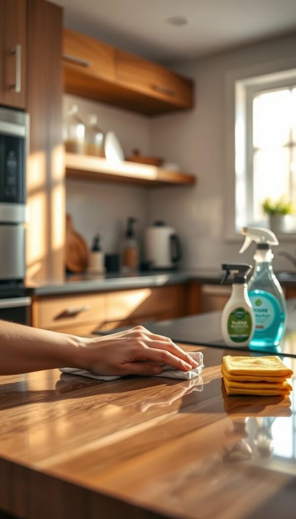 A serene kitchen scene featuring a variety of compatible surfaces for cleaning, including polished wood countertops, sleek granite, and stainless steel appliances. In the foreground, a partial view of a gentle hand using a soft cloth to wipe the surface of a glistening countertop, demonstrating care and attention. The middle ground showcases neatly arranged cleaning supplies like eco-friendly sprays and microfiber cloths. The background is softly blurred, depicting warm, natural sunlight streaming through a window, creating a welcoming atmosphere. Capture the essence of cleanliness and gentle care, with a focus on textures and surfaces, emphasizing a peaceful, organized space. Use soft, inviting lighting for a calming feel, and shoot with a slightly elevated angle to showcase the depth of the scene. A serene kitchen scene featuring a variety of compatible surfaces for cleaning, including polished wood countertops, sleek granite, and stainless steel appliances. In the foreground, a partial view of a gentle hand using a soft cloth to wipe the surface of a glistening countertop, demonstrating care and attention. The middle ground showcases neatly arranged cleaning supplies like eco-friendly sprays and microfiber cloths. The background is softly blurred, depicting warm, natural sunlight streaming through a window, creating a welcoming atmosphere. Capture the essence of cleanliness and gentle care, with a focus on textures and surfaces, emphasizing a peaceful, organized space. Use soft, inviting lighting for a calming feel, and shoot with a slightly elevated angle to showcase the depth of the scene.