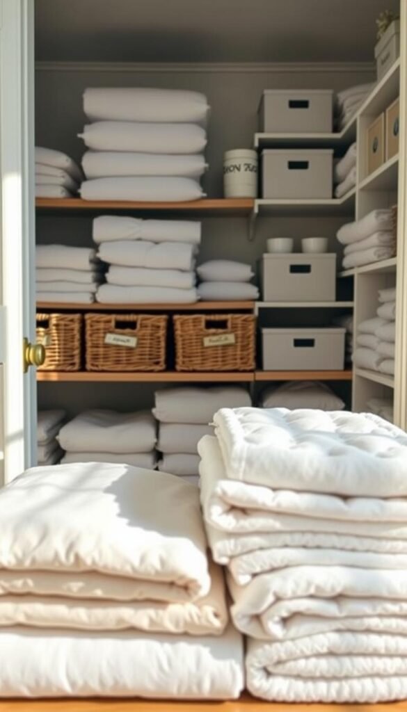 A serene linen closet filled with neatly stacked towels and folded linens, organized in soft pastels and calming whites. In the foreground, a close-up of plush, folded towels arranged by color, creating a visually pleasing gradient. The middle features several wicker baskets labeled with contents like ‘bath towels,’ ‘bed linens,’ and ‘tablecloths,’ all arranged on a wooden shelf. The background showcases a softly lit, spacious closet with shelves lined with neatly organized linens and decorative storage boxes. Warm, natural light filters in from a nearby window, casting gentle shadows that enhance the tranquil atmosphere. The entire scene evokes a sense of calm and simplicity, perfect for inspiring linen organization. A serene linen closet filled with neatly stacked towels and folded linens, organized in soft pastels and calming whites. In the foreground, a close-up of plush, folded towels arranged by color, creating a visually pleasing gradient. The middle features several wicker baskets labeled with contents like ‘bath towels,’ ‘bed linens,’ and ‘tablecloths,’ all arranged on a wooden shelf. The background showcases a softly lit, spacious closet with shelves lined with neatly organized linens and decorative storage boxes. Warm, natural light filters in from a nearby window, casting gentle shadows that enhance the tranquil atmosphere. The entire scene evokes a sense of calm and simplicity, perfect for inspiring linen organization.