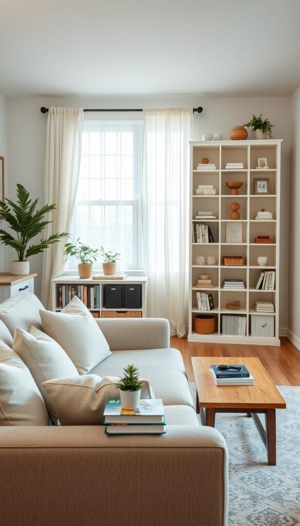 A serene living area designed for tranquility and organization in a small home. In the foreground, a cozy, neatly arranged sofa adorned with soft throw pillows in pastel colors invites relaxation. A simple wooden coffee table holds a small plant and a stack of books. The middle ground features a light, airy bookshelf filled with neatly displayed favorite items and decor that reflect personal style. The background shows a large window allowing natural light to flood in, illuminating the space with a warm glow. Gentle curtains sway slightly, creating a calming atmosphere. The room is painted in soft, neutral tones, enhancing the feeling of openness. The overall mood is peaceful and inviting, perfect for unwinding while maintaining an organized environment. A serene living area designed for tranquility and organization in a small home. In the foreground, a cozy, neatly arranged sofa adorned with soft throw pillows in pastel colors invites relaxation. A simple wooden coffee table holds a small plant and a stack of books. The middle ground features a light, airy bookshelf filled with neatly displayed favorite items and decor that reflect personal style. The background shows a large window allowing natural light to flood in, illuminating the space with a warm glow. Gentle curtains sway slightly, creating a calming atmosphere. The room is painted in soft, neutral tones, enhancing the feeling of openness. The overall mood is peaceful and inviting, perfect for unwinding while maintaining an organized environment.