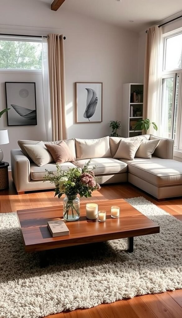 A serene living room designed for a calming atmosphere, featuring a cozy sectional sofa adorned with soft, neutral-colored cushions. The foreground includes a sleek wooden coffee table with a vase of fresh flowers and a lit candle, exuding tranquility. In the middle, a plush area rug anchors the space, while floor-to-ceiling windows bathe the room in natural light, illuminating the warm wooden flooring. The background showcases calming artwork on the walls and a simple bookshelf filled with books and greenery. Soft curtains gently flutter at the windows, enhancing the relaxed ambiance. The overall mood is peaceful and inviting, perfect for a quick refresh in just ten minutes, captured with soft, diffused lighting to evoke a sense of calm. A serene living room designed for a calming atmosphere, featuring a cozy sectional sofa adorned with soft, neutral-colored cushions. The foreground includes a sleek wooden coffee table with a vase of fresh flowers and a lit candle, exuding tranquility. In the middle, a plush area rug anchors the space, while floor-to-ceiling windows bathe the room in natural light, illuminating the warm wooden flooring. The background showcases calming artwork on the walls and a simple bookshelf filled with books and greenery. Soft curtains gently flutter at the windows, enhancing the relaxed ambiance. The overall mood is peaceful and inviting, perfect for a quick refresh in just ten minutes, captured with soft, diffused lighting to evoke a sense of calm.