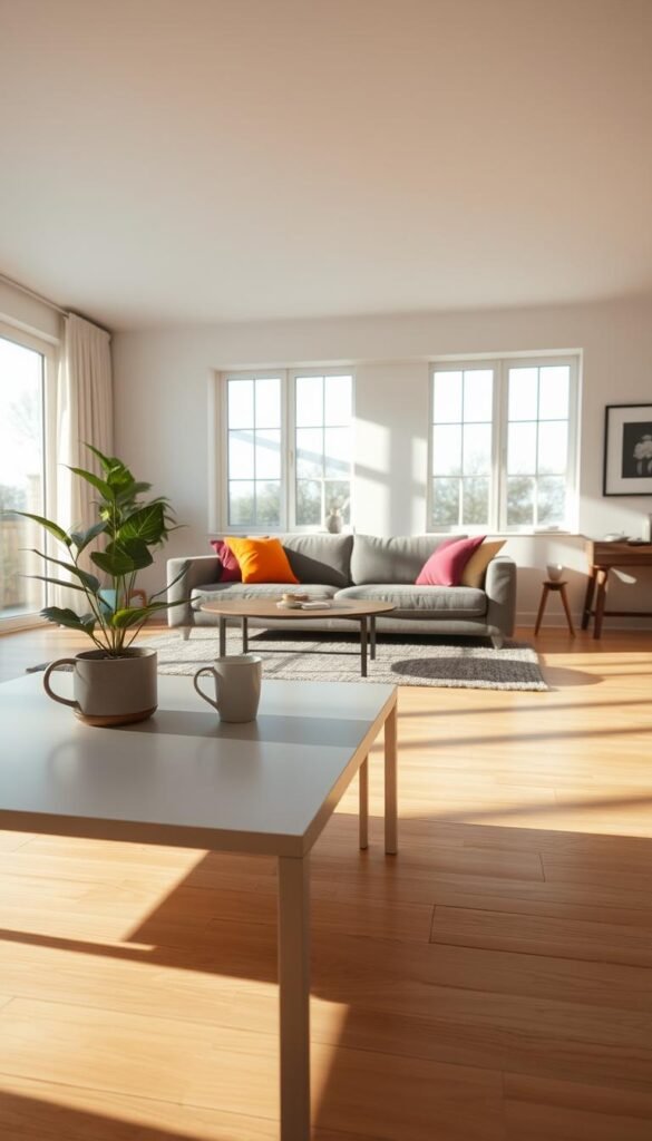 A serene living room interior featuring a minimalist aesthetic, where clutter has been elegantly removed to allow the space to breathe. In the foreground, a sleek coffee table holds a single decorative plant and a coffee mug. In the middle, a comfy gray sofa with vibrant accent pillows creates a cozy seating area, complemented by a soft, textured area rug beneath it. The background reveals large, airy windows allowing natural light to flood in, illuminating neutral walls adorned with simple artwork. Soft shadows dance across the floor, enhancing the peaceful ambiance. The room exudes a calm, inviting atmosphere, inviting viewers to imagine relaxation and clarity in their own living space. The perspective is slightly elevated, capturing the openness and tranquility of the space, with warm, diffused lighting emphasizing the minimalist design. A serene living room interior featuring a minimalist aesthetic, where clutter has been elegantly removed to allow the space to breathe. In the foreground, a sleek coffee table holds a single decorative plant and a coffee mug. In the middle, a comfy gray sofa with vibrant accent pillows creates a cozy seating area, complemented by a soft, textured area rug beneath it. The background reveals large, airy windows allowing natural light to flood in, illuminating neutral walls adorned with simple artwork. Soft shadows dance across the floor, enhancing the peaceful ambiance. The room exudes a calm, inviting atmosphere, inviting viewers to imagine relaxation and clarity in their own living space. The perspective is slightly elevated, capturing the openness and tranquility of the space, with warm, diffused lighting emphasizing the minimalist design.