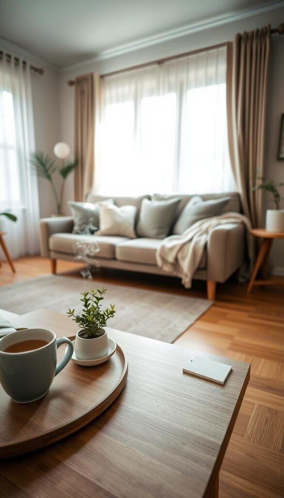 A serene living room scene captures the essence of a "daily reset." In the foreground, a neatly arranged coffee table displays a small plant, a notepad, and a steaming cup of tea. In the middle, a well-organized couch is adorned with muted, cozy cushions, and a soft throw blanket, suggesting a calm environment inviting relaxation and mindfulness. The background features an inviting window with sheer curtains, allowing warm, natural light to filter in, casting gentle shadows on the wooden floor. A calming color palette of soft greens and beiges enhances the tranquil atmosphere. The overall mood conveys clarity, peace, and motivation, symbolizing the importance of establishing daily, weekly, and monthly routines for decluttering one's space and mind. A serene living room scene captures the essence of a "daily reset." In the foreground, a neatly arranged coffee table displays a small plant, a notepad, and a steaming cup of tea. In the middle, a well-organized couch is adorned with muted, cozy cushions, and a soft throw blanket, suggesting a calm environment inviting relaxation and mindfulness. The background features an inviting window with sheer curtains, allowing warm, natural light to filter in, casting gentle shadows on the wooden floor. A calming color palette of soft greens and beiges enhances the tranquil atmosphere. The overall mood conveys clarity, peace, and motivation, symbolizing the importance of establishing daily, weekly, and monthly routines for decluttering one's space and mind.