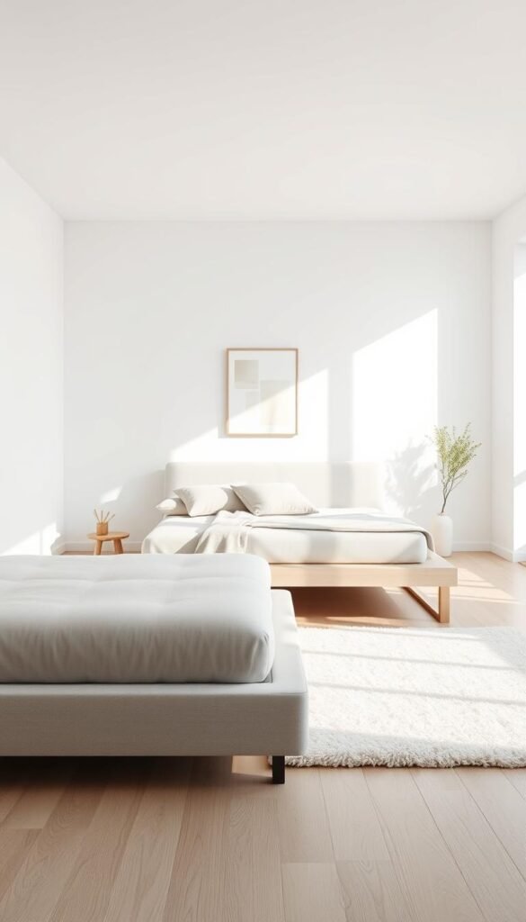 A serene minimalist bedroom featuring a stylish platform bed with a clean, simple frame, adorned with neutral-toned bedding. In the foreground, the bed's plush headboard softly contrasts against the white walls, while elegant throw pillows add subtle texture. The middle section showcases a light wood floor that extends towards a plush, understated area rug beneath the bed. Natural light streams in through a large window, casting gentle shadows and creating a warm, inviting atmosphere. In the background, minimalist decor, like a single piece of abstract art and a small indoor plant, enhances the room's calm ambiance. The composition emphasizes simplicity and tranquility, captured with a soft focus and a slightly elevated angle to showcase the layout beautifully.