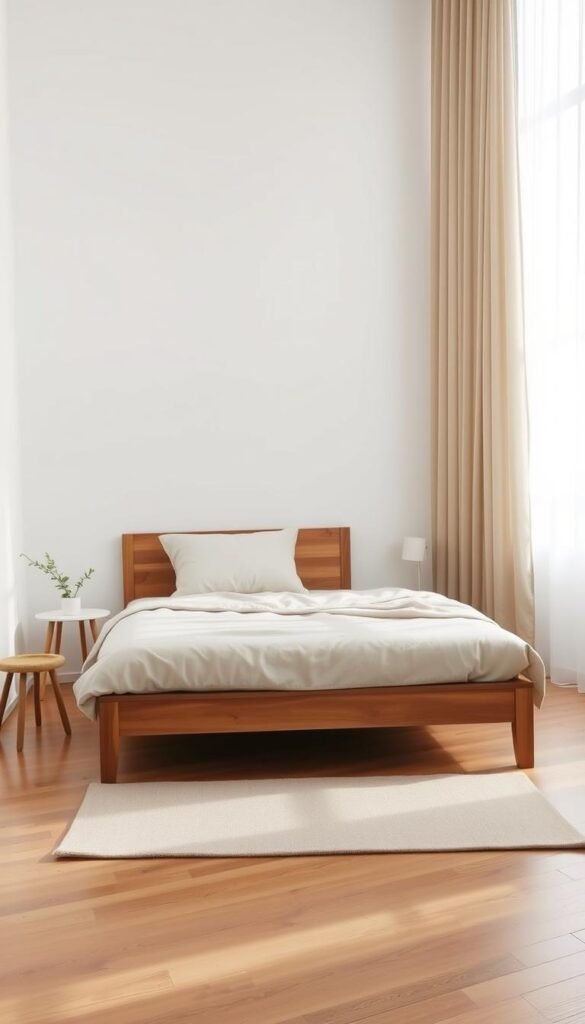 A serene minimalist bedroom setup, showcasing a tranquil atmosphere. In the foreground, a simple wooden bed with a soft, neutral-toned duvet and a single accent pillow rests against a plain white wall. On one side, a small, round bedside table holds a small green plant and a single minimalist lamp. In the middle, a soft, light-colored rug adds warmth to a polished wooden floor. The background features a large window with sheer curtains allowing gentle natural light to illuminate the room, casting soft shadows. The overall color palette is muted, emphasizing simplicity and calmness. The mood is peaceful and inviting, perfect for relaxation and restful sleep. The composition is balanced, photographed from a slight angle to enhance depth.