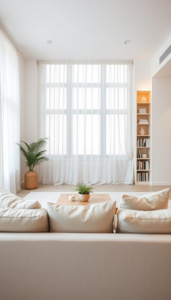 A serene minimalist home interior showcasing a calming living space. In the foreground, a comfortable, light-colored sofa with soft, neutral cushions invites relaxation. A simple wooden coffee table with a small potted plant sits in the center. In the middle, large windows let in soft, natural light, enhancing the airy atmosphere, with sheer curtains gently flowing in a light breeze. A subtle, monochromatic color palette of whites and soft grays dominates the space, creating a sense of tranquility. In the background, neatly arranged bookshelves with a few carefully chosen items reflect simplicity. The room is devoid of clutter, and warm ambient lighting contributes to a peaceful mood. The whole scene captures the essence of a calm, comforting environment that promotes a sense of calm and lightness.