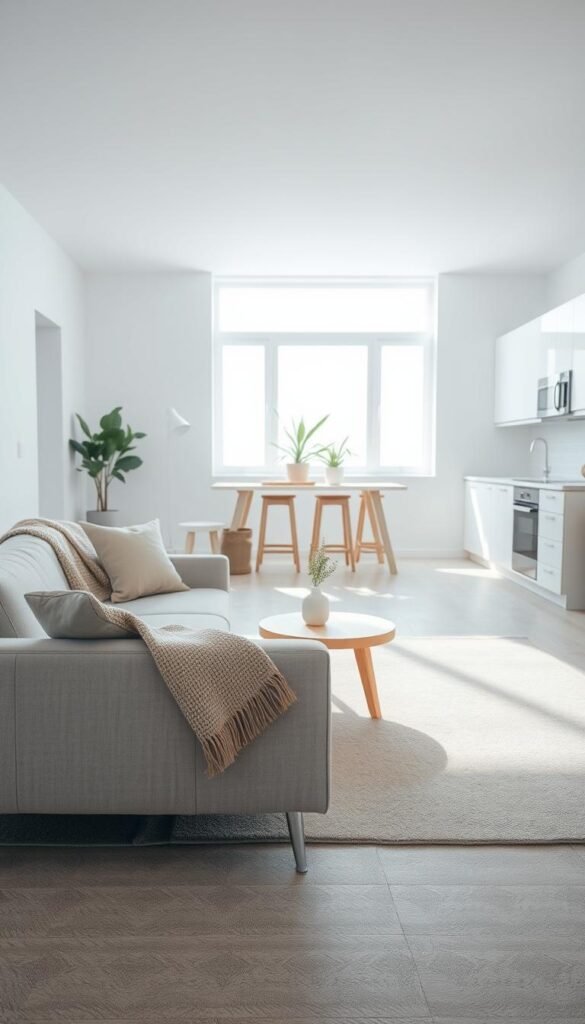 A serene minimalist home interior, showcasing an open-concept living space. In the foreground, a sleek, low-profile sofa in neutral tones, with a textured throw blanket casually draped over one side. A small, round coffee table, made of light wood, sits atop a soft, muted carpet. In the middle, a large window lets in soft, diffused natural light, illuminating a few potted plants that add a touch of greenery. The background features a clean, simple kitchen with white cabinetry and stainless steel appliances, emphasizing spaciousness and order. The mood is peaceful and inviting, evoking a sense of calm and clarity, reflecting the tranquility of a minimalist lifestyle. Use a wide-angle lens to capture the entire scene, with focus on textures and natural light interplay.