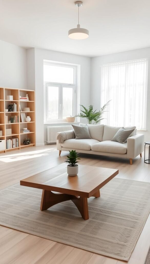 A serene minimalist home interior showcasing an open-plan living space. In the foreground, a simple wooden coffee table with a single potted plant rests on a soft area rug. The middle of the room features a light, neutral-toned sofa adorned with a few monochromatic cushions. To the left, a sleek, modern bookshelf displays a curated selection of books and decorative items. In the background, large windows bathe the space in natural light, accentuating the airy feel and soft shadows. White walls and light wooden floors create a calm atmosphere, while a light fixture casts a warm glow overhead. Capture this image with a wide-angle lens to emphasize the spaciousness and tranquility of the minimalist design.