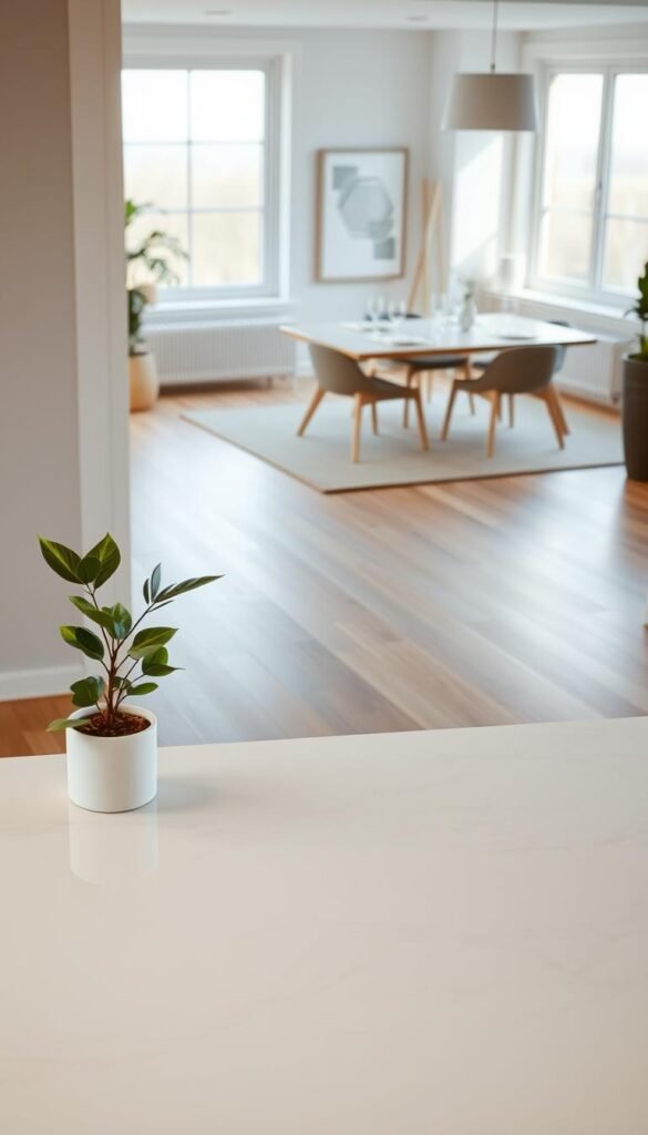 A serene minimalist home interior showcasing various surfaces that embody simplicity and functionality. In the foreground, a smooth, white marble countertop is adorned with a single green plant in a simple ceramic pot, emphasizing a touch of nature. The middle section reveals an open living space with light wood floors and a minimalist dining table set with clear glassware and unembellished tableware, all under soft, diffused lighting from large windows. In the background, subtle wall art with geometric shapes and a neutral color palette creates an airy feel. The atmosphere is calm and inviting, reflecting a lifestyle of uncluttered elegance. Use a warm, natural light effect to evoke a feeling of tranquility and harmony in daily living.