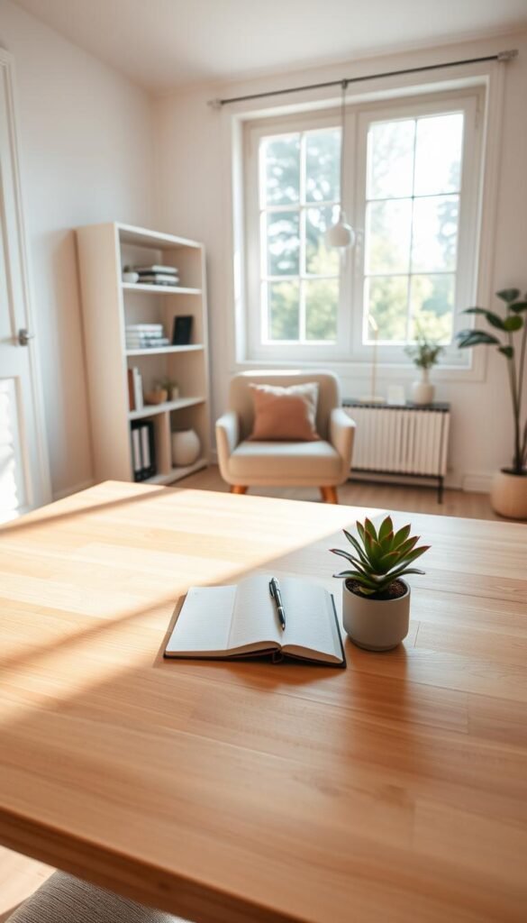 A serene, minimalist home office space bathed in soft, natural light. In the foreground, a clean wooden desk holds a simple laptop, a potted succulent, and an open notebook with a sleek pen. The middle ground features a comfortable chair with a neutral-colored cushion and a modest bookshelf filled with a few curated books and decorative items. In the background, a large window reveals a peaceful view of greenery outside, enhancing the sense of calm and productivity. Use a wide-angle lens to capture the spaciousness of the area, ensuring the lighting is warm and inviting, creating an atmosphere of focus and tranquility perfect for a daily routine.