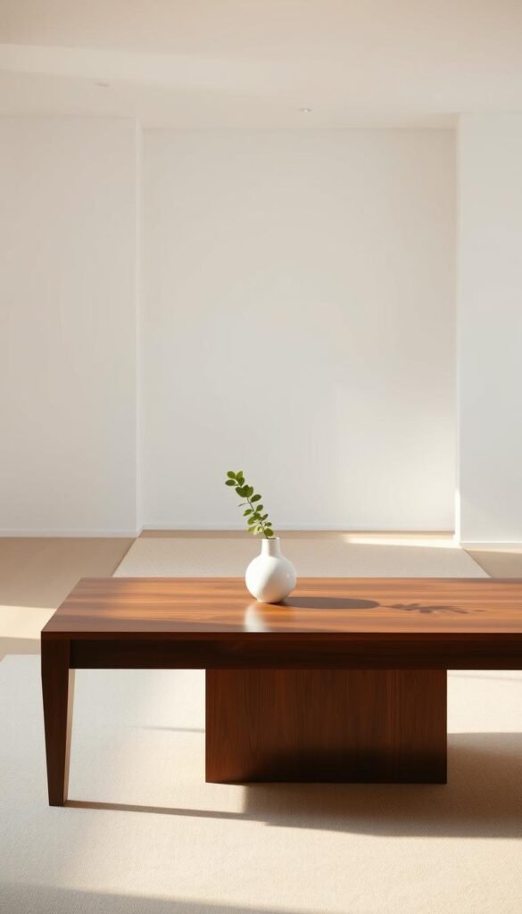 A serene minimalist interior showcasing the concept of "design light." The foreground features an elegantly designed wooden table with soft, warm lighting casting gentle shadows, complemented by a simple white vase holding a few fresh green leaves. In the middle, spacious white walls create a sense of openness, while a high-quality area rug in soft beige adds texture. A large, unobtrusive window in the background allows natural light to flood the space, highlighting the airy quality and warmth. The mood is tranquil and inviting, emphasizing harmony between simplicity and comfort. The composition should reflect a clean and uncluttered aesthetic with balanced proportions and soft focus, suggesting a sophisticated, modern living environment.