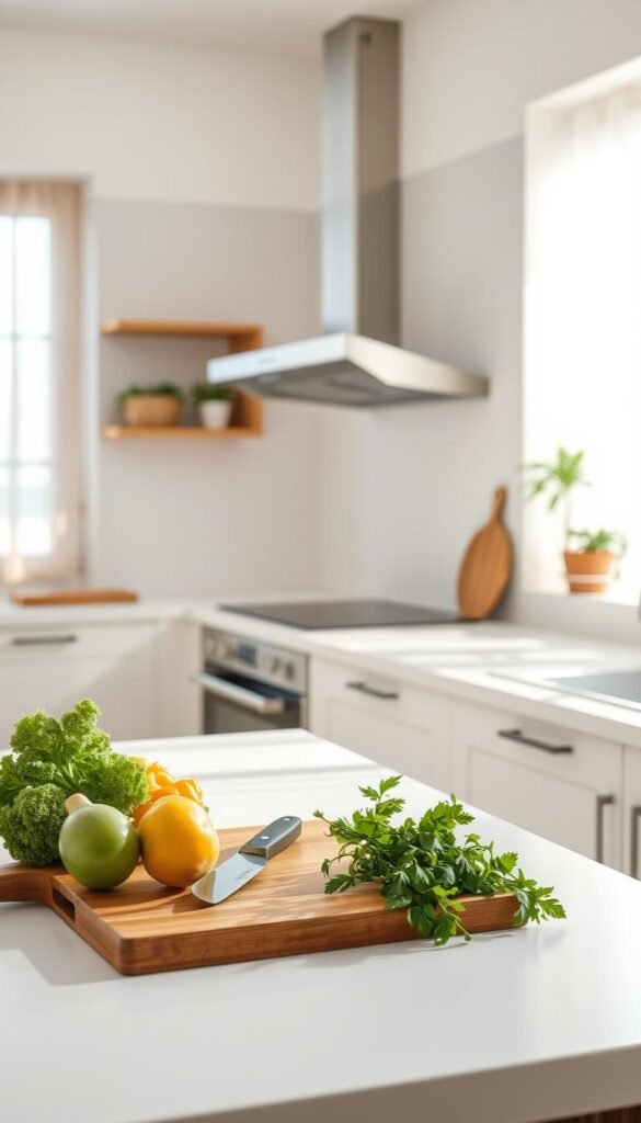 A serene minimalist kitchen bathed in natural light, showcasing a clean, organized countertop. In the foreground, a wooden cutting board with fresh vegetables and a knife ready for meal prep; nearby, a ceramic bowl holds freshly picked herbs. In the middle, a well-arranged cooking area with a stylish induction stove and streamlined cabinets, emphasizing functionality. The background reveals large windows with sheer curtains, allowing soft daylight to illuminate the space, enhancing the tranquil atmosphere. A subtle hint of greenery from potted plants on the windowsill adds warmth to the setting. The image conveys a sense of calm and ease, perfect for illustrating daily, weekly, and monthly kitchen routines. The composition is clean and inviting, with slightly blurred edges for a soft focus effect. A serene minimalist kitchen bathed in natural light, showcasing a clean, organized countertop. In the foreground, a wooden cutting board with fresh vegetables and a knife ready for meal prep; nearby, a ceramic bowl holds freshly picked herbs. In the middle, a well-arranged cooking area with a stylish induction stove and streamlined cabinets, emphasizing functionality. The background reveals large windows with sheer curtains, allowing soft daylight to illuminate the space, enhancing the tranquil atmosphere. A subtle hint of greenery from potted plants on the windowsill adds warmth to the setting. The image conveys a sense of calm and ease, perfect for illustrating daily, weekly, and monthly kitchen routines. The composition is clean and inviting, with slightly blurred edges for a soft focus effect.