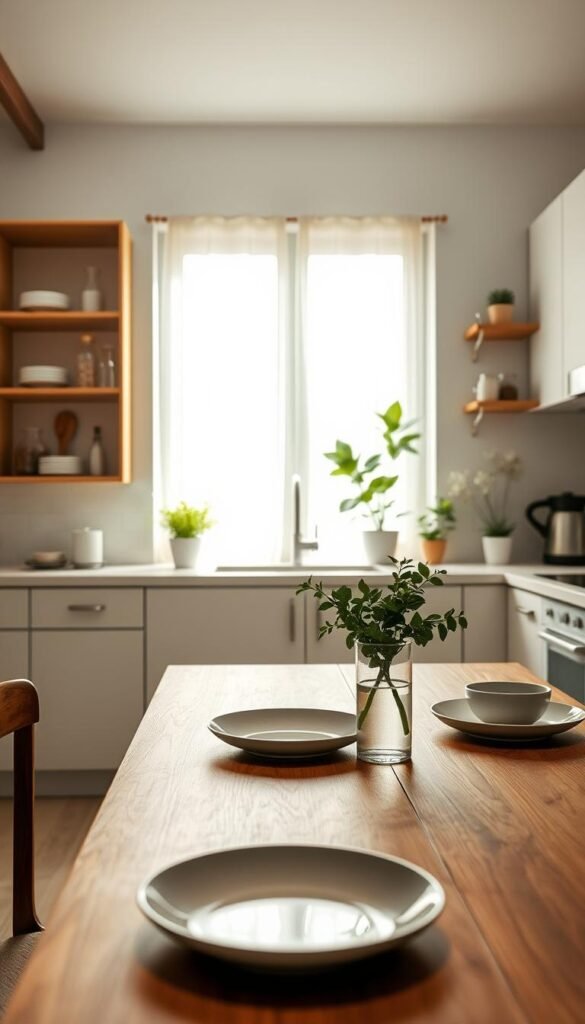 A serene minimalist kitchen designed for daily routines, showcasing a clean, organized layout. In the foreground, a wooden dining table is elegantly set with simple ceramic plates and a small vase of fresh herbs, symbolizing freshness and tranquility. The middle ground features sleek cabinets with open shelving displaying essential utensils, glass jars filled with spices, and a few potted plants, enhancing the peaceful atmosphere. The background reveals a sunlit window with sheer curtains, allowing natural light to pour in, creating a warm and inviting glow. The overall mood is calm and inviting, perfect for a peaceful kitchen experience. Soft lighting highlights textures and shapes, emphasizing a sense of order and simplicity, ideal for effective daily routines. A serene minimalist kitchen designed for daily routines, showcasing a clean, organized layout. In the foreground, a wooden dining table is elegantly set with simple ceramic plates and a small vase of fresh herbs, symbolizing freshness and tranquility. The middle ground features sleek cabinets with open shelving displaying essential utensils, glass jars filled with spices, and a few potted plants, enhancing the peaceful atmosphere. The background reveals a sunlit window with sheer curtains, allowing natural light to pour in, creating a warm and inviting glow. The overall mood is calm and inviting, perfect for a peaceful kitchen experience. Soft lighting highlights textures and shapes, emphasizing a sense of order and simplicity, ideal for effective daily routines.