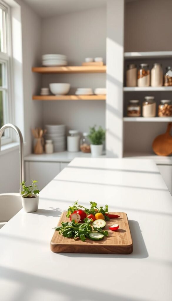 A serene minimalist kitchen featuring a sleek, white countertop adorned with essential cooking tools and a small potted herb plant for a touch of greenery. In the foreground, a wooden cutting board with fresh vegetables sliced neatly adds a hint of color and vibrancy. The middle ground showcases neatly organized shelves with minimalist dishware and glass jars containing bulk pantry staples, highlighting an efficient use of space. In the background, large windows allow natural sunlight to flood in, illuminating the room and casting soft shadows. The overall atmosphere is calm and inviting, emphasizing simplicity and functionality, perfect for showcasing quick wins in kitchen organization. The composition is taken from a slightly elevated angle to capture depth, ensuring the focus remains on the essentials while creating a spacious feel. A serene minimalist kitchen featuring a sleek, white countertop adorned with essential cooking tools and a small potted herb plant for a touch of greenery. In the foreground, a wooden cutting board with fresh vegetables sliced neatly adds a hint of color and vibrancy. The middle ground showcases neatly organized shelves with minimalist dishware and glass jars containing bulk pantry staples, highlighting an efficient use of space. In the background, large windows allow natural sunlight to flood in, illuminating the room and casting soft shadows. The overall atmosphere is calm and inviting, emphasizing simplicity and functionality, perfect for showcasing quick wins in kitchen organization. The composition is taken from a slightly elevated angle to capture depth, ensuring the focus remains on the essentials while creating a spacious feel.
