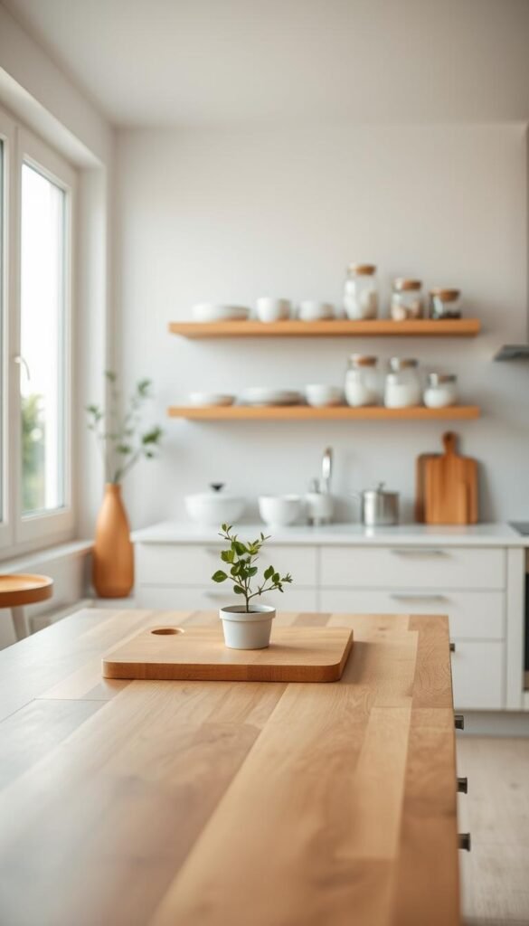 A serene, minimalist kitchen featuring clean lines and a neutral color palette. In the foreground, a sleek wooden countertop is adorned with a few essential kitchen tools, such as a cutting board and a single plant for a touch of life. The middle layer showcases open shelving with neatly organized dishware and glass jars, emphasizing decluttering. In the background, large windows allow soft, natural light to flood the space, highlighting the simplicity and tranquility of the design. The atmosphere conveys calmness and order, ideal for a well-organized kitchen. The image should have a shallow depth of field to focus on the countertop and slightly blur the background, creating a warm and inviting mood. A serene, minimalist kitchen featuring clean lines and a neutral color palette. In the foreground, a sleek wooden countertop is adorned with a few essential kitchen tools, such as a cutting board and a single plant for a touch of life. The middle layer showcases open shelving with neatly organized dishware and glass jars, emphasizing decluttering. In the background, large windows allow soft, natural light to flood the space, highlighting the simplicity and tranquility of the design. The atmosphere conveys calmness and order, ideal for a well-organized kitchen. The image should have a shallow depth of field to focus on the countertop and slightly blur the background, creating a warm and inviting mood.