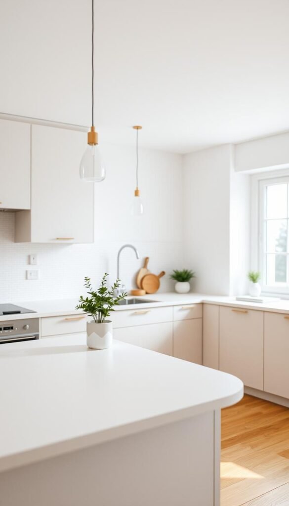 A serene minimalist kitchen interior featuring clean lines and a clutter-free environment. In the foreground, a sleek white countertop showcases a few essential items: a small potted plant, a wooden cutting board, and a stylish knife set. The middle background includes matte-finished cabinetry in soft pastel tones, harmonizing with a single, elegantly simple pendant light hanging above. The backsplash is a subtle textured tile that enhances the overall calmness. In the background, a large window allows natural light to flood the space, highlighting the warm wood flooring and reflecting a peaceful atmosphere. The scene conveys simplicity and tranquility, with soft shadows and a gentle, inviting ambiance. Shot using a 35mm lens to create a cozy depth-of-field. A serene minimalist kitchen interior featuring clean lines and a clutter-free environment. In the foreground, a sleek white countertop showcases a few essential items: a small potted plant, a wooden cutting board, and a stylish knife set. The middle background includes matte-finished cabinetry in soft pastel tones, harmonizing with a single, elegantly simple pendant light hanging above. The backsplash is a subtle textured tile that enhances the overall calmness. In the background, a large window allows natural light to flood the space, highlighting the warm wood flooring and reflecting a peaceful atmosphere. The scene conveys simplicity and tranquility, with soft shadows and a gentle, inviting ambiance. Shot using a 35mm lens to create a cozy depth-of-field.