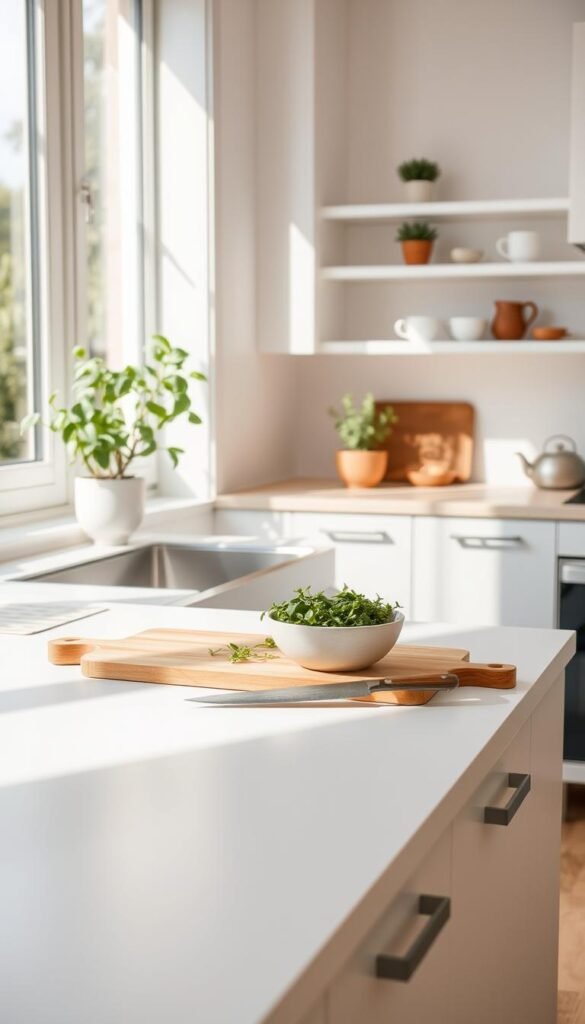 A serene minimalist kitchen scene, featuring a clean countertop with essential tools: a single wooden cutting board, a sharp chef’s knife, and a simple ceramic bowl filled with fresh herbs. In the foreground, soft, natural light spills in through a large window, illuminating the uncluttered space. The middle layer showcases sleek, white cabinetry with soft, matte finishes, and a few potted plants strategically placed for a touch of greenery. The background includes a well-organized shelf, displaying minimal kitchenware like a few beautifully crafted mugs and a simple teapot. The overall feel is calm and inviting, embodying a thoughtful approach to cooking with fewer, better tools, perfect for a Zen-inspired kitchen atmosphere. A serene minimalist kitchen scene, featuring a clean countertop with essential tools: a single wooden cutting board, a sharp chef’s knife, and a simple ceramic bowl filled with fresh herbs. In the foreground, soft, natural light spills in through a large window, illuminating the uncluttered space. The middle layer showcases sleek, white cabinetry with soft, matte finishes, and a few potted plants strategically placed for a touch of greenery. The background includes a well-organized shelf, displaying minimal kitchenware like a few beautifully crafted mugs and a simple teapot. The overall feel is calm and inviting, embodying a thoughtful approach to cooking with fewer, better tools, perfect for a Zen-inspired kitchen atmosphere.