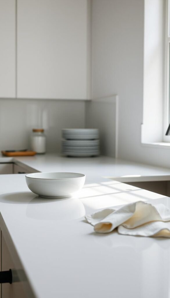 A serene minimalist kitchen setup featuring a pristine countertop and organized dishware. In the foreground, a single dish and a cloth gently placed on the surface illustrate the "one-touch rule." The middle space shows neatly stacked plates and glassware, emphasizing simplicity and order. A soft, natural light filters in through a window, casting gentle shadows that add depth. In the background, a simple yet elegant backsplash complements the understated elegance of the kitchen. The camera angle is slightly tilted from a low perspective, showcasing the spaciousness of the kitchen. The overall mood is calm and inviting, promoting quick resets and gentle habits in the kitchen environment. A serene minimalist kitchen setup featuring a pristine countertop and organized dishware. In the foreground, a single dish and a cloth gently placed on the surface illustrate the "one-touch rule." The middle space shows neatly stacked plates and glassware, emphasizing simplicity and order. A soft, natural light filters in through a window, casting gentle shadows that add depth. In the background, a simple yet elegant backsplash complements the understated elegance of the kitchen. The camera angle is slightly tilted from a low perspective, showcasing the spaciousness of the kitchen. The overall mood is calm and inviting, promoting quick resets and gentle habits in the kitchen environment.