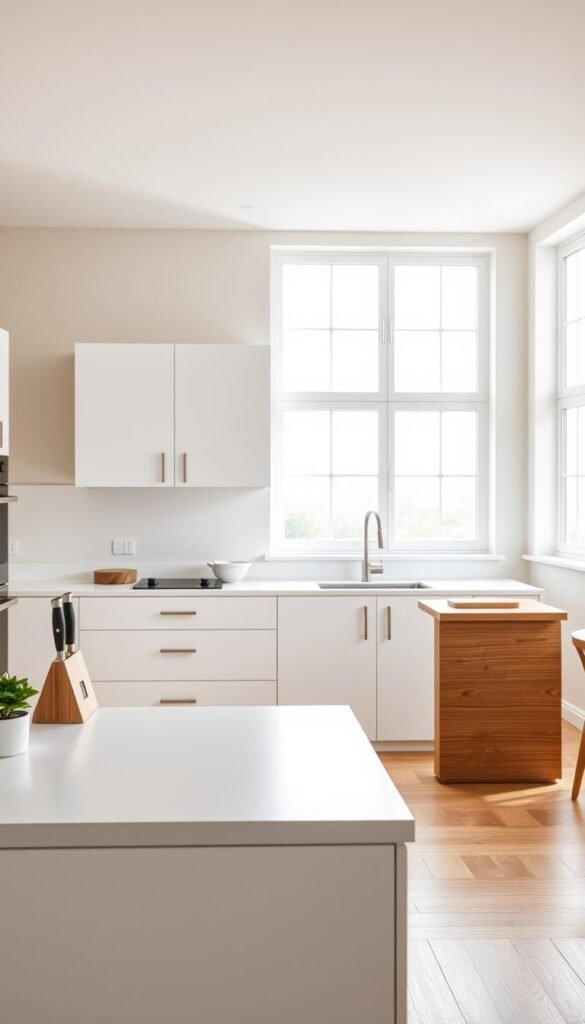 A serene minimalist kitchen showcasing clean lines and a balanced layout. In the foreground, a smooth, white countertop features a few carefully placed kitchen essentials, such as a sleek knife set and a small potted herb. The middle layer includes an elegant, white cabinetry setup with simple geometric handles and a modern sink. A stylish, unobtrusive island provides additional workspace, adorned with natural wood accents. In the background, large windows allow soft, diffused daylight to pour in, illuminating the space and enhancing its airy feel. The walls are painted in muted tones, and the floors are a light wood, adding warmth to the overall ambiance. The composition conveys a sense of tranquility, simplicity, and sophistication ideal for a minimalist kitchen setup. A serene minimalist kitchen showcasing clean lines and a balanced layout. In the foreground, a smooth, white countertop features a few carefully placed kitchen essentials, such as a sleek knife set and a small potted herb. The middle layer includes an elegant, white cabinetry setup with simple geometric handles and a modern sink. A stylish, unobtrusive island provides additional workspace, adorned with natural wood accents. In the background, large windows allow soft, diffused daylight to pour in, illuminating the space and enhancing its airy feel. The walls are painted in muted tones, and the floors are a light wood, adding warmth to the overall ambiance. The composition conveys a sense of tranquility, simplicity, and sophistication ideal for a minimalist kitchen setup.