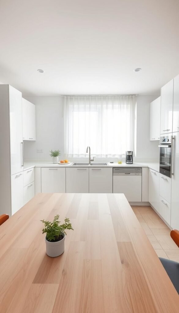 A serene minimalist kitchen, showcasing sleek white cabinetry and simple, functional appliances. In the foreground, a large, light wooden dining table with a few strategically placed potted herbs and a bowl of fresh fruits adds warmth. The middle of the kitchen features an open countertop with subtle gray accents and a modern sink, while a small, stylish coffee maker sits nearby. The background reveals a window with sheer curtains that softly filter in natural light, illuminating the space. The atmosphere is calm and inviting, emphasizing simplicity and organization. Shot with a wide-angle lens from a slightly elevated angle, creating a spacious feeling, with bright, neutral lighting that enhances the cleanliness and modernity of the design.