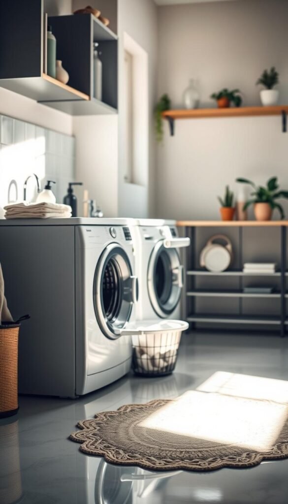 A serene, minimalist laundry room showcasing neatly organized cleaning supplies, a stack of freshly washed clothes in a basket, and a sparkling clean floor. In the foreground, an inviting kitchen sink with sparkling dishes drying on a drying rack, a hint of sunlight streaming through the window, creating soft, warm shadows. The middle ground highlights a well-maintained floor with a simple, elegant rug added for comfort. In the background, a tidy shelf displays plants and gentle décor, enhancing the atmosphere of tranquility. The lighting is natural, soft, and bright, capturing a peaceful, efficient environment for cleaning. The overall mood is calm and organized, embodying the essence of a simplified cleaning routine. A serene, minimalist laundry room showcasing neatly organized cleaning supplies, a stack of freshly washed clothes in a basket, and a sparkling clean floor. In the foreground, an inviting kitchen sink with sparkling dishes drying on a drying rack, a hint of sunlight streaming through the window, creating soft, warm shadows. The middle ground highlights a well-maintained floor with a simple, elegant rug added for comfort. In the background, a tidy shelf displays plants and gentle décor, enhancing the atmosphere of tranquility. The lighting is natural, soft, and bright, capturing a peaceful, efficient environment for cleaning. The overall mood is calm and organized, embodying the essence of a simplified cleaning routine.