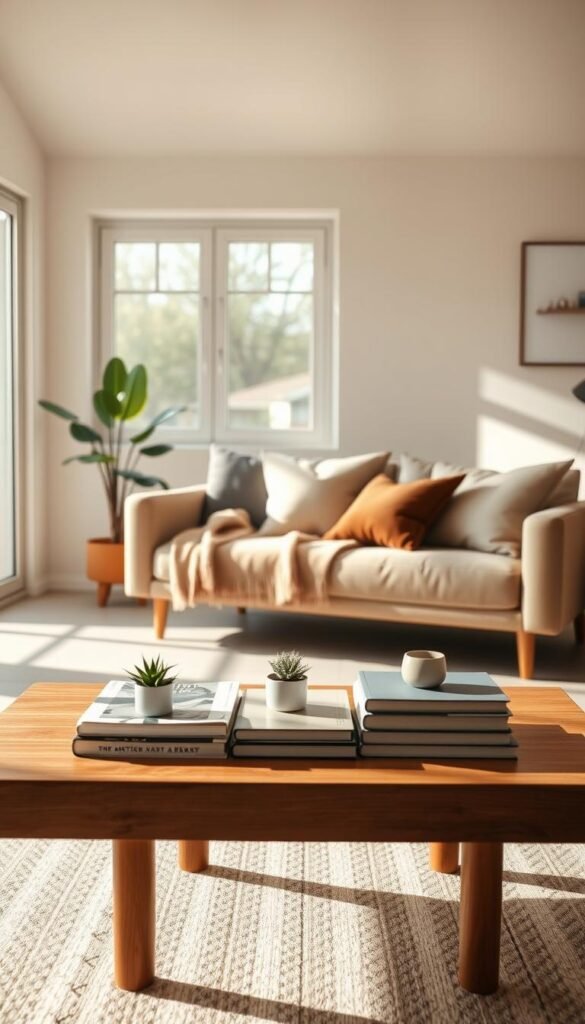 A serene minimalist living room scene showcasing a well-organized coffee table. In the foreground, a sleek wooden coffee table is adorned with a few carefully curated coffee table books and a small potted succulent, emphasizing simplicity. In the middle ground, a cozy yet modern sofa in neutral tones is positioned, complemented by a stylish throw blanket and minimalist cushions. The background features a large window allowing soft natural light to flood in, casting gentle shadows. The room is decorated with subtle wall art and an indoor plant in the corner, creating a calming atmosphere. The overall feel is inviting and uncluttered, capturing the essence of minimalist style. Use a warm color palette with soft focus to enhance the tranquil mood, reminiscent of an effortlessly organized living space. A serene minimalist living room scene showcasing a well-organized coffee table. In the foreground, a sleek wooden coffee table is adorned with a few carefully curated coffee table books and a small potted succulent, emphasizing simplicity. In the middle ground, a cozy yet modern sofa in neutral tones is positioned, complemented by a stylish throw blanket and minimalist cushions. The background features a large window allowing soft natural light to flood in, casting gentle shadows. The room is decorated with subtle wall art and an indoor plant in the corner, creating a calming atmosphere. The overall feel is inviting and uncluttered, capturing the essence of minimalist style. Use a warm color palette with soft focus to enhance the tranquil mood, reminiscent of an effortlessly organized living space.