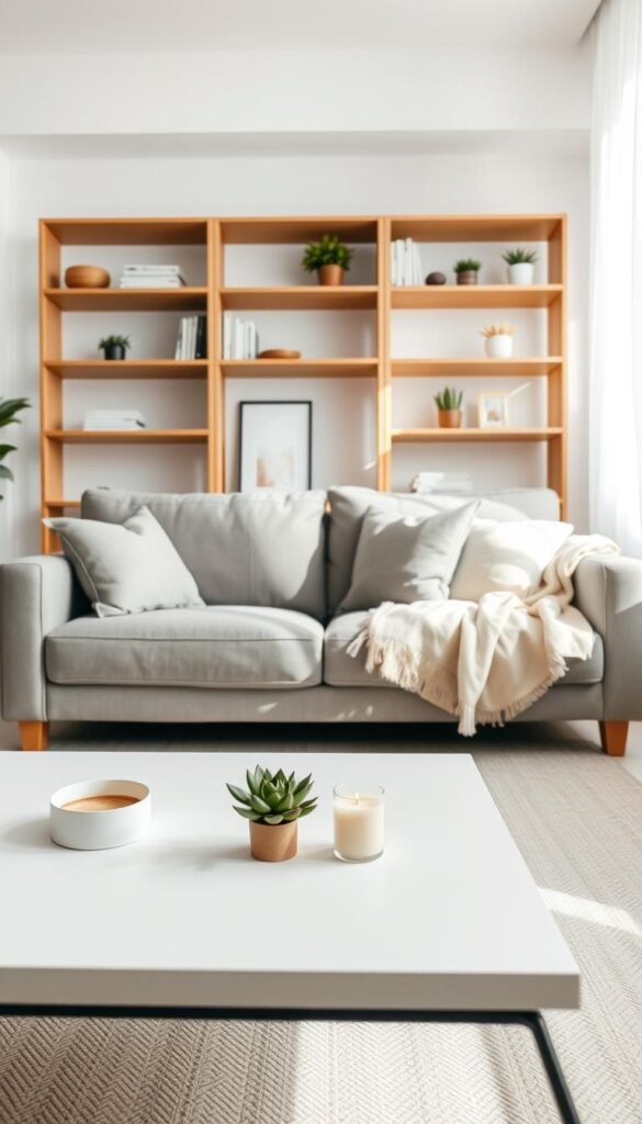 A serene, minimalist living room showcasing the essence of decluttering. In the foreground, a neatly organized coffee table featuring a few well-placed, simple decor items like a small succulent plant and a single candle, evoking a sense of calm. In the middle, a cozy sofa with muted, neutral-toned cushions and a soft throw blanket draped casually over one side, illustrating a comfortable yet uncluttered space. The background displays tastefully arranged shelves with a limited selection of books and plants, emphasizing simplicity. Soft, natural sunlight filters through sheer curtains, casting gentle shadows, enhancing the tranquil mood. The angle is slightly elevated, capturing the inviting atmosphere while encouraging the viewer to embrace minimalism.