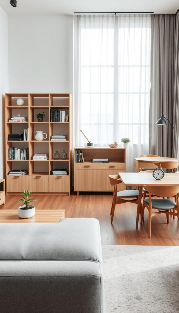 A serene minimalist living space featuring stylish furniture, functional surfaces, and efficient storage solutions. In the foreground, a sleek, low-profile sofa in soft gray fabric juxtaposed with a wooden coffee table holds a small potted plant. The middle ground showcases an elegant bookshelf made of light-colored wood, filled with neatly arranged books and decorative items. To the side, a compact dining table with modern chairs highlights the importance of space-saving design. The background reveals a large window with sheer curtains allowing soft, natural light to flood the room, creating an inviting atmosphere. Use a wide-angle lens for a spacious feel, with a soft focus on the background to emphasize the furniture and minimalist aesthetics. Capture a calm, organized vibe that invites relaxation and functionality.