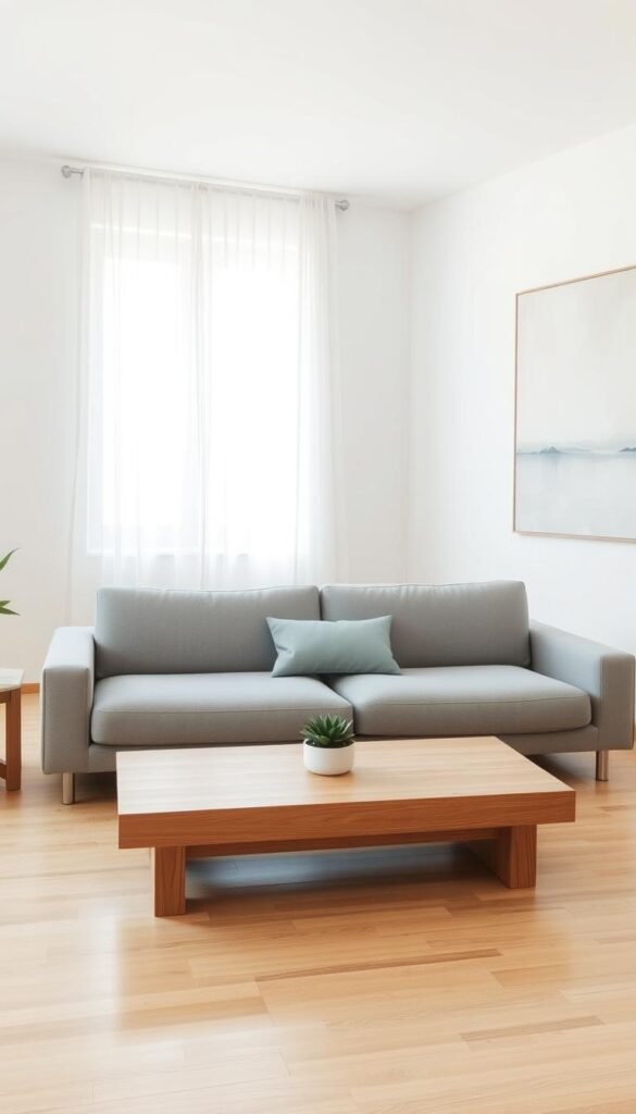 A serene minimalist living space that embodies tranquility and simplicity. In the foreground, a sleek, low-profile sofa in soft gray fabric, adorned with a single pale blue throw pillow. In the middle, a simple wooden coffee table made of natural oak, with a small potted succulent placed on top. The background features white walls and a large window that allows natural light to flood in, creating a warm glow. Soft, sheer curtains gently flutter in the breeze. A large abstract painting in muted tones hangs on one wall, balancing the aesthetics of the room. The floor is polished light wood, enhancing the sense of openness. The overall mood is calm and inviting, perfect for setting a vision of a minimalist lifestyle.