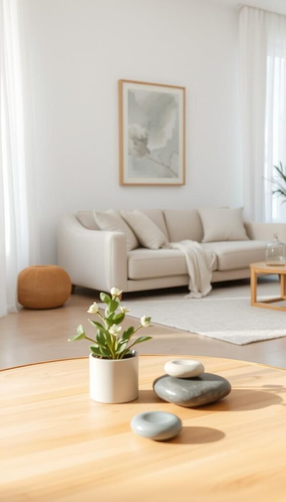 A serene minimalist space featuring a calm color palette of soft blues, gentle greens, and warm neutrals. In the foreground, a simple wooden table with a small potted plant and a few carefully arranged decorative stones, conveying a sense of tranquility. The middle ground showcases an elegant, uncluttered living area with a light beige sofa, adorned with subtle textured pillows and a lightweight throw. A piece of abstract art hangs on the wall, blending seamlessly with the soothing colors of the room. In the background, soft natural light filters through sheer white curtains, creating a warm and inviting atmosphere. The lens captures the scene from a slightly elevated angle, adding depth and focus on the harmony of colors and minimalist decor, fostering a sense of balance and peace.