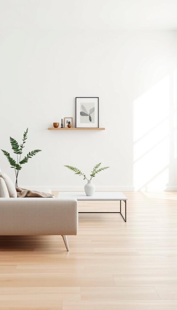 A serene minimalist space, featuring a spacious living area with clean lines and neutral colors. In the foreground, a simple, modern sofa adorned with a single soft throw blanket, positioned on a light hardwood floor. The middle ground has a sleek, low coffee table with a minimalistic vase containing a single green plant, juxtaposed with a wall-mounted shelf showcasing a few curated, artistic objects. Soft, natural light floods the room through a large window in the background, highlighting a bare white wall adorned with one framed abstract print. The overall mood is calm and inviting, conveying a sense of clarity and purpose, perfect for envisioning a simplified life. No people in the scene.