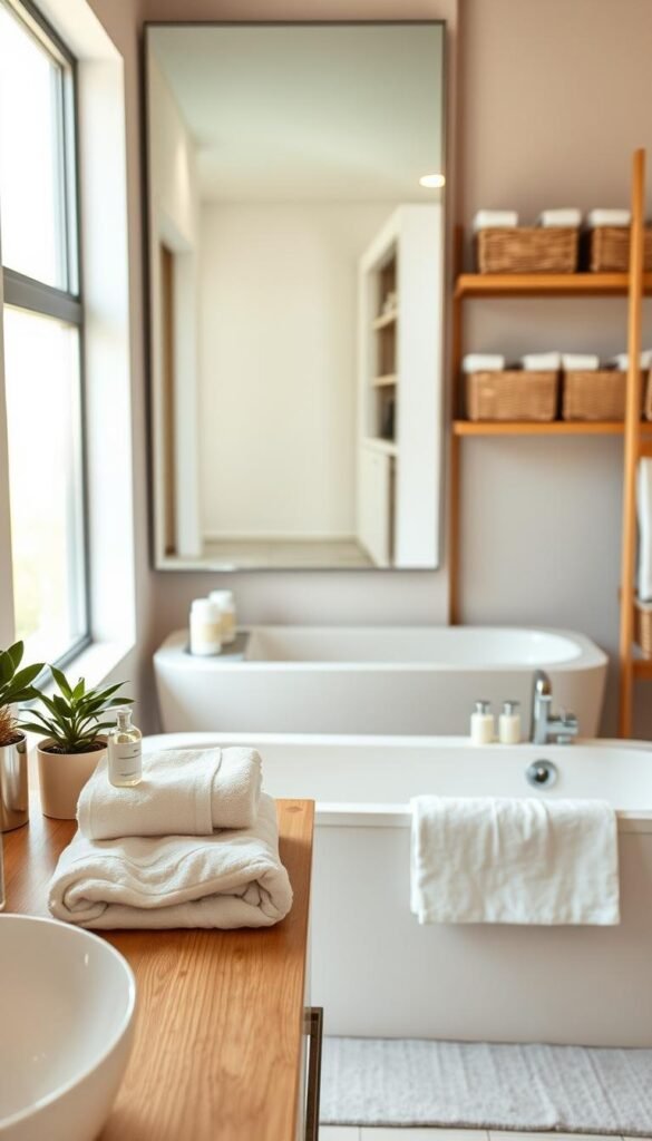 A serene, modern bathroom scene showcasing a well-organized space. In the foreground, a wooden vanity with neatly arranged toiletries, fluffy white towels, and a small potted plant adds a touch of greenery. The middle ground features a chic bathtub with neatly stacked bath products on the tiled edge and a soft cotton bath mat in muted colors. A large mirror reflects natural light pouring in from a frosted window, enhancing the clean atmosphere. The background reveals light-colored walls and wooden shelving with neatly arranged baskets, emphasizing decluttering. Soft, warm lighting creates a calm and inviting ambiance, perfect for a tranquil bathroom setting. The scene captures the essence of order and simplicity, evoking a sense of relaxation and cleanliness. A serene, modern bathroom scene showcasing a well-organized space. In the foreground, a wooden vanity with neatly arranged toiletries, fluffy white towels, and a small potted plant adds a touch of greenery. The middle ground features a chic bathtub with neatly stacked bath products on the tiled edge and a soft cotton bath mat in muted colors. A large mirror reflects natural light pouring in from a frosted window, enhancing the clean atmosphere. The background reveals light-colored walls and wooden shelving with neatly arranged baskets, emphasizing decluttering. Soft, warm lighting creates a calm and inviting ambiance, perfect for a tranquil bathroom setting. The scene captures the essence of order and simplicity, evoking a sense of relaxation and cleanliness.