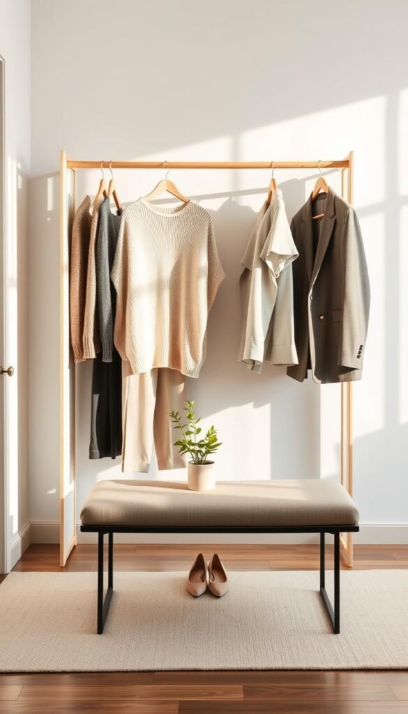 A serene, organized capsule wardrobe setup, featuring a minimalist selection of stylish clothing neatly arranged on sleek wooden hangers. In the foreground, a well-lit open wardrobe displays a cohesive color palette of neutral tones, including soft beige, charcoal gray, and crisp white. A cozy knit sweater, tailored trousers, and a classic blazer are prominently showcased. The middle ground highlights a simple wooden bench adorned with a small potted plant and a pair of elegantly designed shoes. The background exudes a calming atmosphere with soft, natural light filtering through a large window, enhancing the space's airy feel. The scene should evoke a sense of modern minimalism, tranquility, and an appreciation for curated style, inviting viewers to contemplate the concept of a capsule wardrobe. A serene, organized capsule wardrobe setup, featuring a minimalist selection of stylish clothing neatly arranged on sleek wooden hangers. In the foreground, a well-lit open wardrobe displays a cohesive color palette of neutral tones, including soft beige, charcoal gray, and crisp white. A cozy knit sweater, tailored trousers, and a classic blazer are prominently showcased. The middle ground highlights a simple wooden bench adorned with a small potted plant and a pair of elegantly designed shoes. The background exudes a calming atmosphere with soft, natural light filtering through a large window, enhancing the space's airy feel. The scene should evoke a sense of modern minimalism, tranquility, and an appreciation for curated style, inviting viewers to contemplate the concept of a capsule wardrobe.