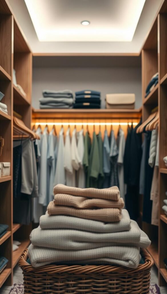 A serene, organized closet interior featuring neatly arranged clothes on wooden hangers and shelves, with soft pastel colors creating a calming atmosphere. In the foreground, a stylishly folded stack of sweaters sits atop a decorative basket, while in the middle, rows of neatly hung shirts and dresses are illuminated by warm, diffused lighting. The background reveals a tastefully designed closet door slightly ajar, giving a glimpse of additional storage compartments filled with accessories. The mood is tranquil and inviting, capturing the essence of calmness and order. Use a wide-angle lens to emphasize depth, and ensure the lighting is soft to create a peaceful, harmonious ambiance. No people or text elements should be present in the image. A serene, organized closet interior featuring neatly arranged clothes on wooden hangers and shelves, with soft pastel colors creating a calming atmosphere. In the foreground, a stylishly folded stack of sweaters sits atop a decorative basket, while in the middle, rows of neatly hung shirts and dresses are illuminated by warm, diffused lighting. The background reveals a tastefully designed closet door slightly ajar, giving a glimpse of additional storage compartments filled with accessories. The mood is tranquil and inviting, capturing the essence of calmness and order. Use a wide-angle lens to emphasize depth, and ensure the lighting is soft to create a peaceful, harmonious ambiance. No people or text elements should be present in the image.