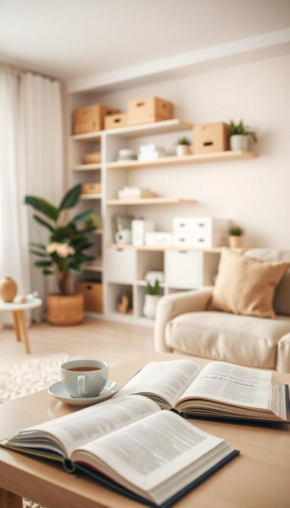 A serene, organized minimalist living space showcased in an inviting soft light. In the foreground, a cozy, neatly arranged reading nook with a plush chair, a small side table holding a cup of tea, and an open book lies invitingly on the table. In the middle ground, a decluttered surface reveals a smartly arranged collection of essential items, with a few potted plants adding a touch of greenery. The background features softly blurred shelves with neatly stored boxes and a calm, pastel-colored wall that enhances the sense of tranquility. The overall atmosphere promotes a feeling of simplicity and ease, embodying the spirit of lazy yet effective decluttering principles. Opt for a wide-angle view to capture the entirety of this decluttered space. A serene, organized minimalist living space showcased in an inviting soft light. In the foreground, a cozy, neatly arranged reading nook with a plush chair, a small side table holding a cup of tea, and an open book lies invitingly on the table. In the middle ground, a decluttered surface reveals a smartly arranged collection of essential items, with a few potted plants adding a touch of greenery. The background features softly blurred shelves with neatly stored boxes and a calm, pastel-colored wall that enhances the sense of tranquility. The overall atmosphere promotes a feeling of simplicity and ease, embodying the spirit of lazy yet effective decluttering principles. Opt for a wide-angle view to capture the entirety of this decluttered space.