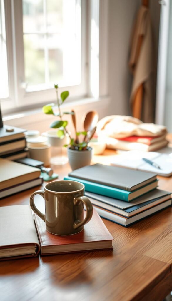 A serene, organized workspace featuring an assortment of decluttered items gently arranged on a peaceful wooden desk. In the foreground, display a few old books, an unused coffee mug, and a stack of colorful notebooks, inviting a sense of nostalgia and past use. The middle ground holds a small potted plant, symbolizing growth and new beginnings, alongside a neatly folded scarf and a couple of unneeded kitchen utensils. In the background, soft natural light filters in through a window, casting gentle shadows that enhance the calm atmosphere. The setting should evoke feelings of clarity and motivation, with a soft focus on the items, creating an inviting, soothing mood. The overall lens perspective should be slightly angled to draw the viewer's eye into the composition, emphasizing the simplicity and order of the space. A serene, organized workspace featuring an assortment of decluttered items gently arranged on a peaceful wooden desk. In the foreground, display a few old books, an unused coffee mug, and a stack of colorful notebooks, inviting a sense of nostalgia and past use. The middle ground holds a small potted plant, symbolizing growth and new beginnings, alongside a neatly folded scarf and a couple of unneeded kitchen utensils. In the background, soft natural light filters in through a window, casting gentle shadows that enhance the calm atmosphere. The setting should evoke feelings of clarity and motivation, with a soft focus on the items, creating an inviting, soothing mood. The overall lens perspective should be slightly angled to draw the viewer's eye into the composition, emphasizing the simplicity and order of the space.