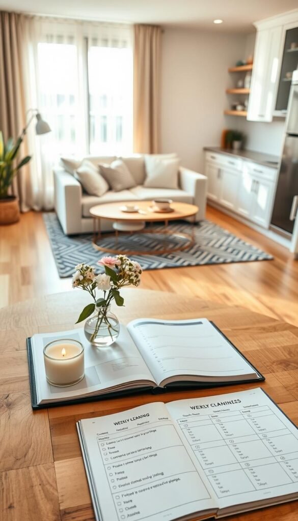 A serene scene depicting a cozy, well-organized home environment that embodies the theme of routine and calmness. In the foreground, a simple wooden table is adorned with a small vase of fresh flowers, a lit candle, and an open planner showcasing a weekly cleaning schedule. In the middle ground, a comfortable living room setting features a soft couch with neatly arranged cushions, a minimalistic rug on hardwood floors, and a gentle light filtering through sheer curtains. The background reveals a tidy kitchen with gleaming countertops and well-stocked shelves, creating an inviting atmosphere. The overall lighting is warm and soft, suggesting early morning light to evoke tranquility and intention. The mood is peaceful and motivating, inspiring viewers to embrace their weekly cleaning routines. A serene scene depicting a cozy, well-organized home environment that embodies the theme of routine and calmness. In the foreground, a simple wooden table is adorned with a small vase of fresh flowers, a lit candle, and an open planner showcasing a weekly cleaning schedule. In the middle ground, a comfortable living room setting features a soft couch with neatly arranged cushions, a minimalistic rug on hardwood floors, and a gentle light filtering through sheer curtains. The background reveals a tidy kitchen with gleaming countertops and well-stocked shelves, creating an inviting atmosphere. The overall lighting is warm and soft, suggesting early morning light to evoke tranquility and intention. The mood is peaceful and motivating, inspiring viewers to embrace their weekly cleaning routines.