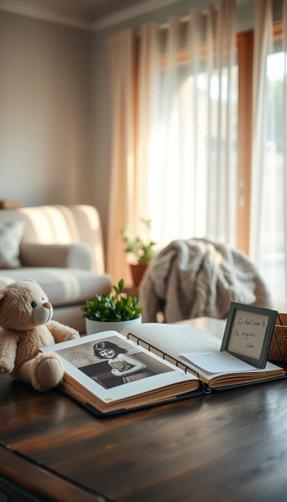 A serene scene showcasing a cozy living room, filled with sentimental items carefully arranged on a vintage wooden coffee table. In the foreground, a softly worn teddy bear, an old photo album opened to a cherished family photo, and a delicate glass frame holding a handwritten note sit together, reflecting memories. In the middle ground, a plush armchair draped with a knitted blanket invites warmth, with a small potted plant adding a touch of green. In the background, soft, natural light filters through sheer curtains, casting gentle shadows and creating an inviting atmosphere. The overall mood is nostalgic yet uplifting, inviting the viewer to reflect on the importance of preserving meaningful items while considering decluttering.