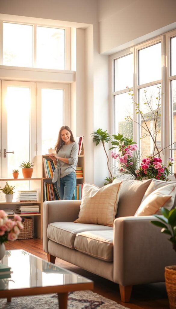 A serene spring cleaning scene inside a sunlit room, with large windows letting in soft, golden morning light. In the foreground, a woman dressed in modest casual clothing is cheerfully organizing a cluttered bookshelf, displaying colorful books and potted plants. In the middle ground, a cozy sofa with pastel throw pillows is positioned beside a freshly cleaned coffee table, reflecting a sense of calm. In the background, a vibrant indoor garden flourishes near the windows, showcasing blooming flowers that symbolize the arrival of spring. The overall atmosphere is uplifting and tranquil, emphasizing the joy and renewal of spring cleaning, with a balanced composition that captures both a lively and relaxing ambiance. A serene spring cleaning scene inside a sunlit room, with large windows letting in soft, golden morning light. In the foreground, a woman dressed in modest casual clothing is cheerfully organizing a cluttered bookshelf, displaying colorful books and potted plants. In the middle ground, a cozy sofa with pastel throw pillows is positioned beside a freshly cleaned coffee table, reflecting a sense of calm. In the background, a vibrant indoor garden flourishes near the windows, showcasing blooming flowers that symbolize the arrival of spring. The overall atmosphere is uplifting and tranquil, emphasizing the joy and renewal of spring cleaning, with a balanced composition that captures both a lively and relaxing ambiance.