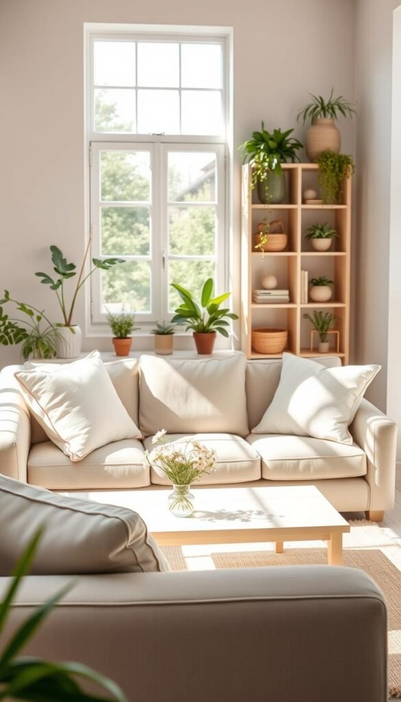 A serene summer scene showcasing a light-filled, decluttered living room with soft, airy decor. In the foreground, a cozy seating area with a stylish, neutral-colored sofa adorned with pastel cushions invites relaxation. A large window in the middle allows natural sunlight to flood the space, illuminating a minimalist coffee table with a small vase of fresh flowers. The background features a well-organized bookshelf, showcasing neatly arranged plants and decorative items, creating an inviting atmosphere. Gentle shadows fall across the room from the window's light, enhancing the calm, peaceful mood. The overall color scheme consists of soft whites, greens, and yellows, evoking a sense of freshness and tranquility, perfect for a lighter summer home vibe.
