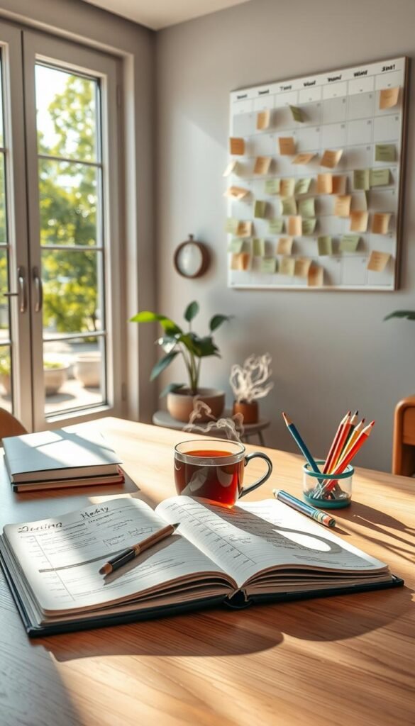 A serene workspace scene depicting a weekly planning session. In the foreground, a clean, organized wooden desk holds an open planner with handwritten notes, colorful pens, and a steaming cup of herbal tea. In the middle ground, a soft light casts gentle shadows, illuminating a wall-mounted calendar filled with neatly arranged stickers marking important events. In the background, large windows reveal a bright, sunny day, with green trees swaying gently outside. The atmosphere is calm and inviting, with a sense of focus and tranquility, suggesting a productive yet relaxed approach to planning the week ahead. The lighting is natural, creating a warm and cozy ambiance. No text or branding elements present, emphasizing the planning tools and the peaceful workspace.