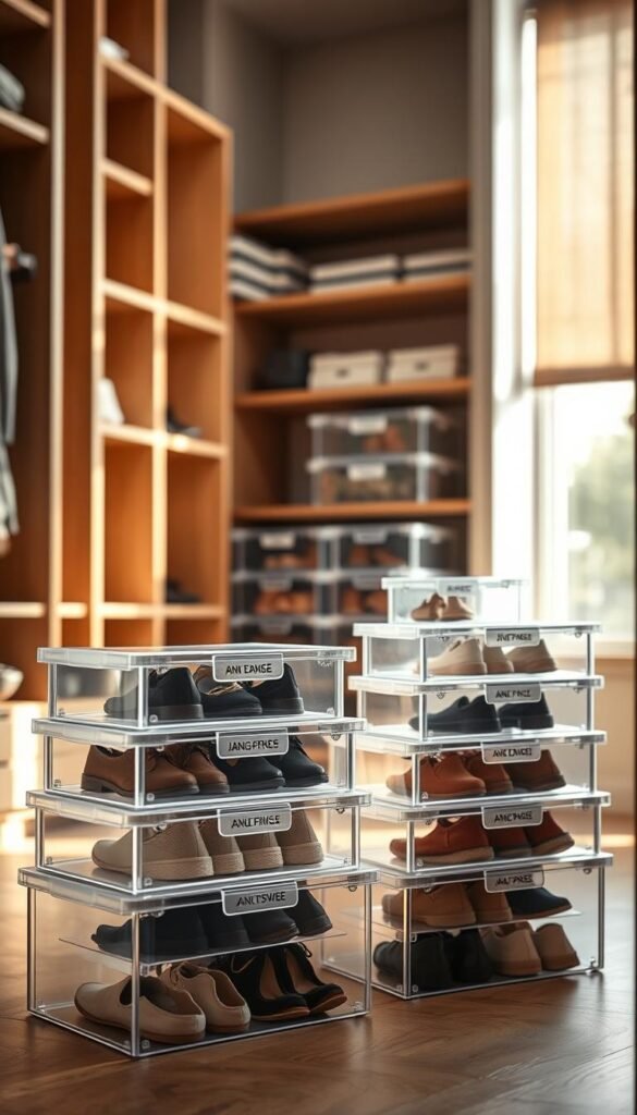 A set of clear, stackable shoe boxes displayed in a modern, organized closet. In the foreground, a few of the boxes are stacked neatly, with labels visible, showcasing different shoe styles inside. The middle ground features additional boxes arranged in layers, highlighting their transparency and neat organization. The background shows a softly lit, spacious closet with wooden shelves and neutral tones, creating a calm atmosphere. Natural light filters in through a window, casting gentle shadows that accentuate the boxes. The image should have a crisp, high-resolution quality, with a slight depth of field to draw attention to the individual boxes while giving a sense of a well-organized space. The overall mood is tidy and inviting, emphasizing functionality and style in shoe organization.