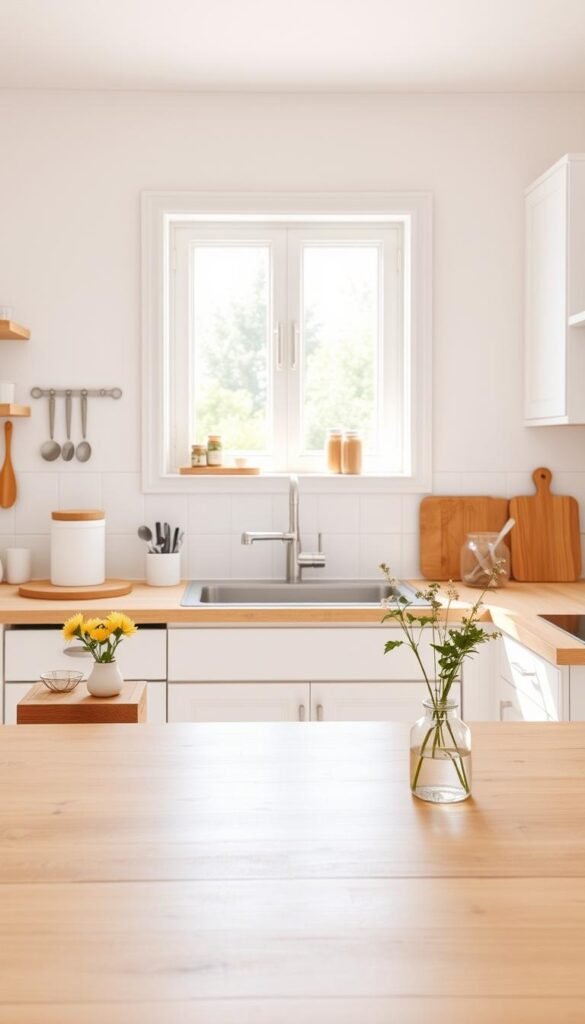 A simple, decluttered kitchen, showcasing organized surfaces and neatly arranged utensils. In the foreground, a wooden dining table with a small vase of fresh flowers invites warmth. On the countertop, a few essential kitchen items like a cutting board, knives, and a bowl of fruit are placed methodically. The middle section features a sparkling, open space with neatly stored jars and containers on shelves, emphasizing harmony and functionality. In the background, a window allows soft, natural light to flood in, casting gentle shadows and creating a peaceful atmosphere. The color palette is soft and inviting, with light pastel tones dominating the scene. The image captures a sense of simplicity and routine, a perfect representation of daily, weekly, and monthly systems in a kitchen setting. A simple, decluttered kitchen, showcasing organized surfaces and neatly arranged utensils. In the foreground, a wooden dining table with a small vase of fresh flowers invites warmth. On the countertop, a few essential kitchen items like a cutting board, knives, and a bowl of fruit are placed methodically. The middle section features a sparkling, open space with neatly stored jars and containers on shelves, emphasizing harmony and functionality. In the background, a window allows soft, natural light to flood in, casting gentle shadows and creating a peaceful atmosphere. The color palette is soft and inviting, with light pastel tones dominating the scene. The image captures a sense of simplicity and routine, a perfect representation of daily, weekly, and monthly systems in a kitchen setting.