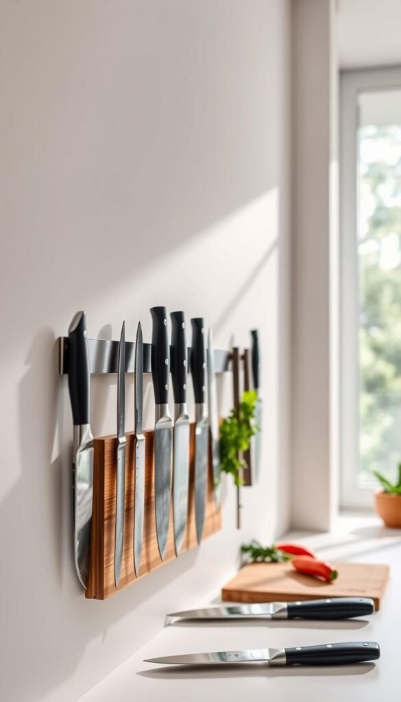 A sleek and modern kitchen featuring a magnetic knife strip mounted on a clean, minimalist wall. In the foreground, a variety of high-quality kitchen knives of different sizes are visibly arranged along the strip, showcasing their sharp blades and elegant handles. The middle layer includes a wooden cutting board and fresh ingredients like herbs and vegetables, adding a burst of color to the scene. In the background, soft natural light streams in from a nearby window, creating a warm and inviting atmosphere. The angle captures the entirety of the magnetic strip and its practical use, with a focus on organization and efficiency. Emphasize a tidy, modern kitchen aesthetic that highlights small space storage solutions.
