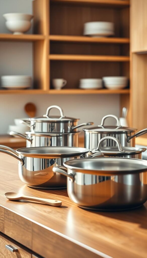 A sleek arrangement of stainless steel cookware elegantly displayed on a polished wooden countertop in a minimalist kitchen. The foreground features a set of gleaming pots and pans, showcasing their reflective surfaces and ergonomic handles, with a focus on a large saucepan, a frying pan, and a stockpot. In the middle ground, subtle hints of kitchen essentials like a wooden spoon and measuring cups are artistically placed to complement the cookware. The background is softly blurred, depicting an open shelving unit with minimalistic white dishware, accentuating the clean lines and simplicity of the design. The lighting is warm and inviting, casting gentle shadows and highlighting the shine of the stainless steel, creating a serene and organized atmosphere that embodies modern minimalism. A sleek arrangement of stainless steel cookware elegantly displayed on a polished wooden countertop in a minimalist kitchen. The foreground features a set of gleaming pots and pans, showcasing their reflective surfaces and ergonomic handles, with a focus on a large saucepan, a frying pan, and a stockpot. In the middle ground, subtle hints of kitchen essentials like a wooden spoon and measuring cups are artistically placed to complement the cookware. The background is softly blurred, depicting an open shelving unit with minimalistic white dishware, accentuating the clean lines and simplicity of the design. The lighting is warm and inviting, casting gentle shadows and highlighting the shine of the stainless steel, creating a serene and organized atmosphere that embodies modern minimalism.