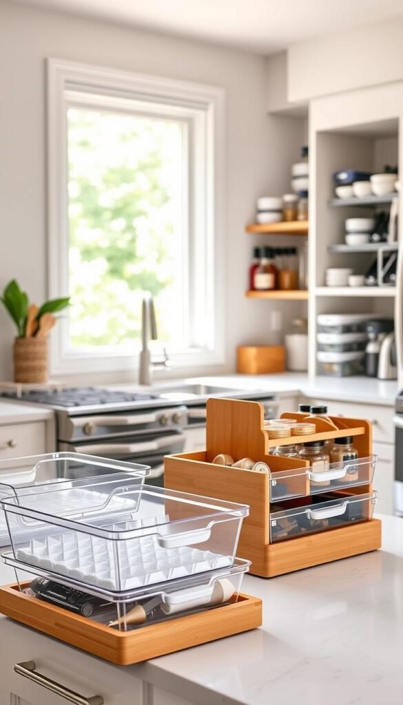 A sleek, modern kitchen scene focused on organizational solutions. In the foreground, a variety of stylish Amazon kitchen organizers arranged neatly on a polished countertop, including clear bin storage, bamboo drawer dividers, and tiered spice racks. The middle ground features a bright, sunny window showcasing greenery outside, lending a fresh vibe to the space. The background shows a well-organized pantry with labeled containers and shelves filled with neatly arranged kitchen gadgets. Soft, natural lighting filters in through the window, creating a warm and inviting atmosphere. The angle is a slightly elevated view, capturing the essence of efficiency and elegance in kitchen organization without any people or distractions. A sleek, modern kitchen scene focused on organizational solutions. In the foreground, a variety of stylish Amazon kitchen organizers arranged neatly on a polished countertop, including clear bin storage, bamboo drawer dividers, and tiered spice racks. The middle ground features a bright, sunny window showcasing greenery outside, lending a fresh vibe to the space. The background shows a well-organized pantry with labeled containers and shelves filled with neatly arranged kitchen gadgets. Soft, natural lighting filters in through the window, creating a warm and inviting atmosphere. The angle is a slightly elevated view, capturing the essence of efficiency and elegance in kitchen organization without any people or distractions.