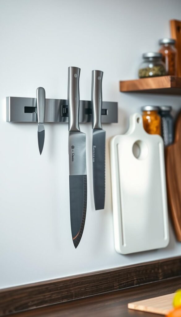 A sleek, modern kitchen space featuring a beautifully arranged set of sharp, high-quality knives on a minimalist wall-mounted magnetic strip. In the foreground, a variety of knife types—chef's knife, paring knife, and serrated knife—gleam under soft, natural lighting. The knives are positioned for optimal visibility, showcasing their shiny blades and ergonomic handles. In the middle ground, a narrow, well-organized cutting board is elegantly displayed next to the knife strip, emphasizing practicality in small spaces. The background features a blurred image of colorful spices in glass jars on a shelf, creating a warm and inviting atmosphere. Use a shallow depth of field to focus on the knives and cutting board, evoking a sense of modern kitchen efficiency and style.