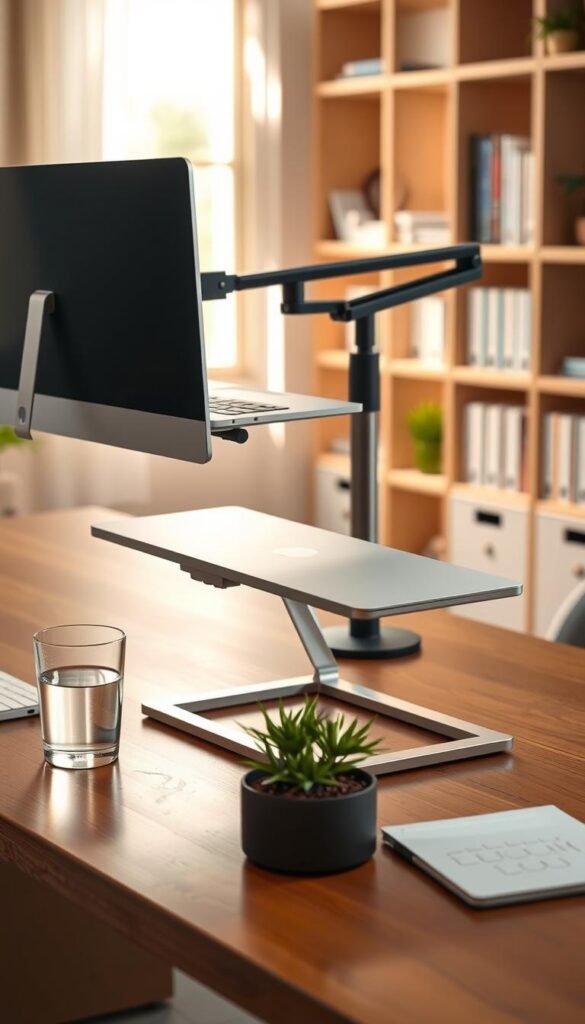 A sleek, modern laptop stand made of polished aluminum, elegantly elevating a laptop to eye level on a minimalist wooden desk. The stand features adjustable height settings and a non-slip surface, showcasing an ergonomic design. In the foreground, a clear glass of water and a small potted plant add a touch of greenery, enhancing the workspace ambiance. In the middle, a stylish monitor arm extends from the desk, securely holding an external monitor, optimizing the organizational layout for productivity. The background includes softly blurred shelves with neatly arranged books, keeping the focus on the ergonomic accessories. The scene is lit with warm, natural light streaming in from a nearby window, creating a tranquil and inspiring atmosphere. Use a wide-angle lens to capture the full setup, emphasizing spatial clarity and neatness.