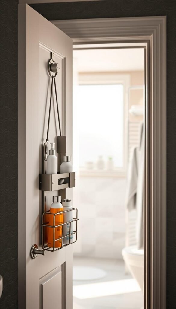 A sleek, modern over-the-door caddy designed for a shower setting, featuring multiple compartments for toiletries. The caddy is made of stainless steel with a matte finish, showcasing shampoo, conditioner, and body wash bottles in a neatly organized manner. In the foreground, the caddy hangs on a bathroom door, with the door partially open to reveal textured wallpaper. The middle of the image captures a blurred view of a modern, compact bathroom, including soft gray tiles and a hanging towel rack. In the background, natural light filters through a frosted window, creating an airy and refreshing atmosphere. The overall mood is clean, organized, and inviting, ideal for small bathroom solutions. Use a soft focus lens, with warm lighting to enhance the overall aesthetic.