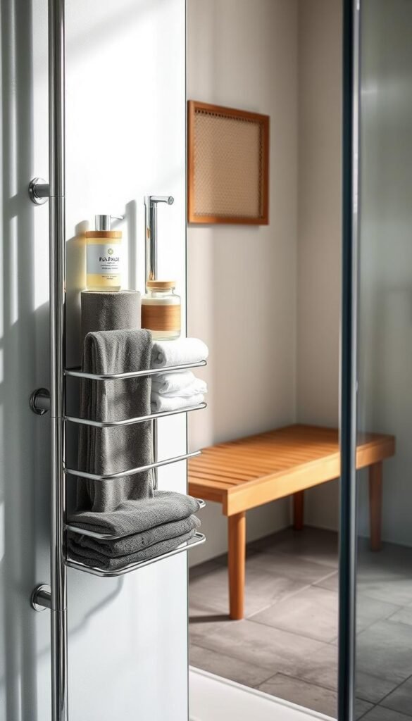 A sleek, polished stainless steel shower storage unit showcases its modern design, reflecting light in a small, contemporary bathroom setting. In the foreground, the chrome-finished storage rack is elegantly adorned with neatly arranged, stylish bathroom essentials, such as bamboo containers and plush towels. The middle ground features a minimalistic teak bench, offering a warm, natural contrast to the cool metal. The background includes soft, diffused lighting that highlights the clean lines and textures of both materials, enhancing their durability and aesthetic appeal. The atmosphere is serene and organized, capturing the essence of a well-designed small bathroom, with an emphasis on functionality and style. A wide-angle perspective emphasizes the balance between modern stainless steel and classic teak, creating a harmonious and inviting space.